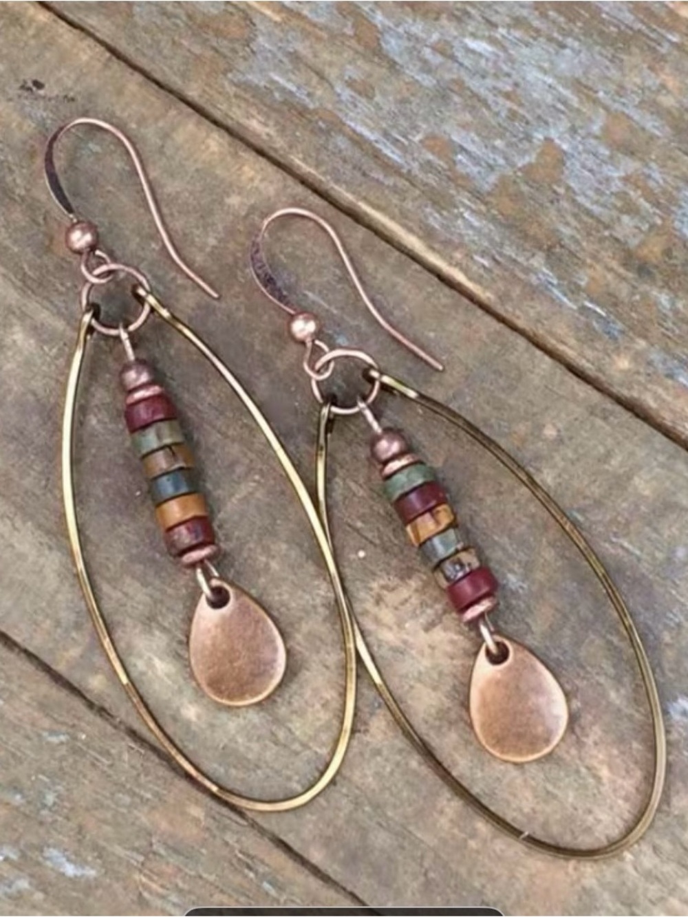Boho Multi-Color Bead & Copper Teardrop Hoop Earrings
